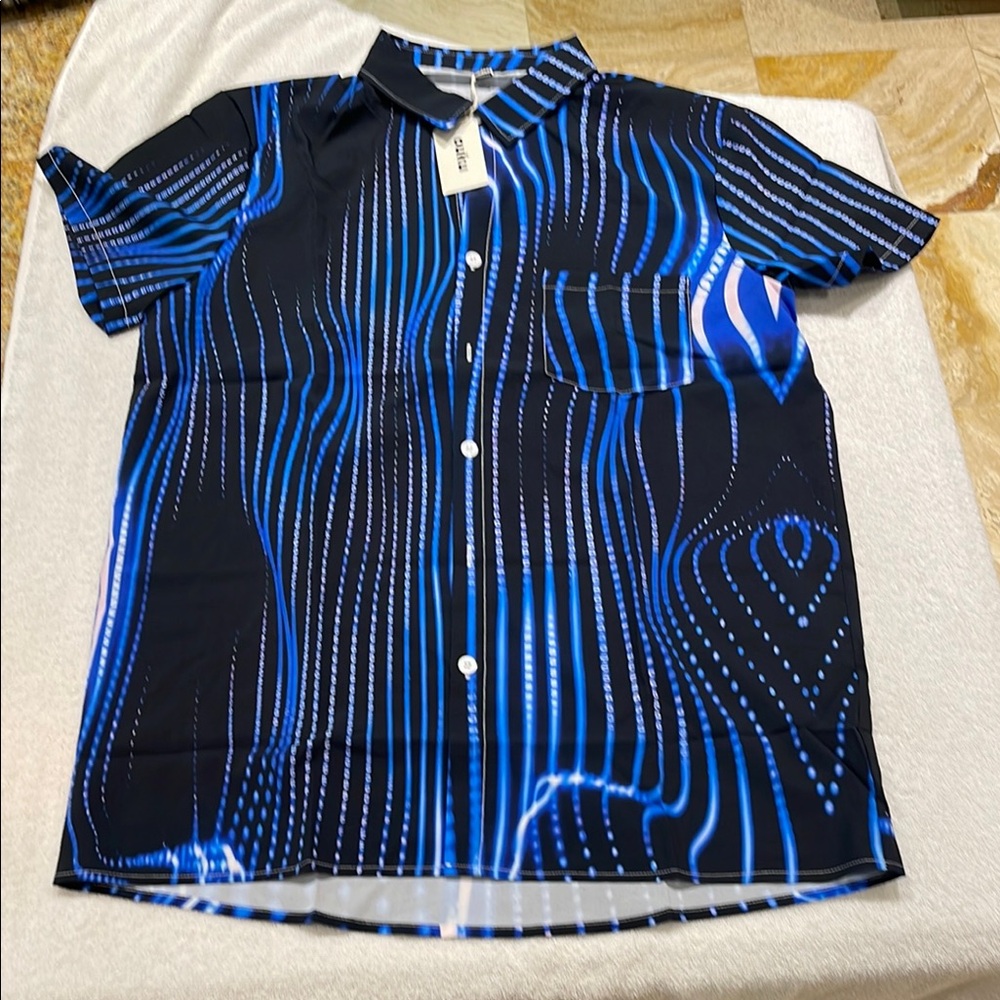 Blue and Black Casual Button Down Shirt with Psychedelic Design